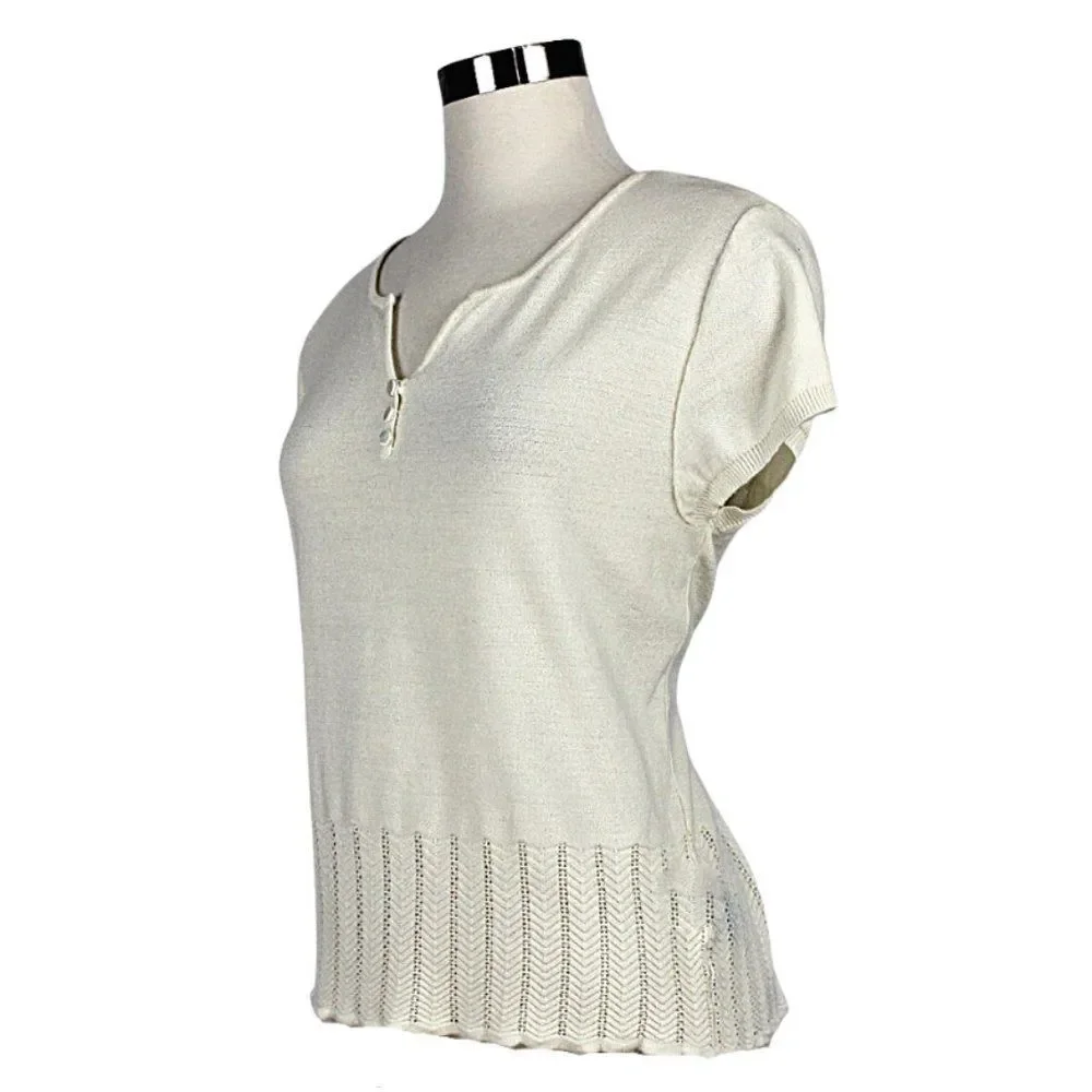 Sweater Short Sleeve  Round Split Neck Chevron Hem Patten Ivory Womens Petite XL
